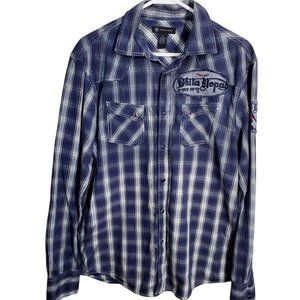 International Concepts Mens Pearl Snap Shirt Gray Navy Plaid Western Style Sz M